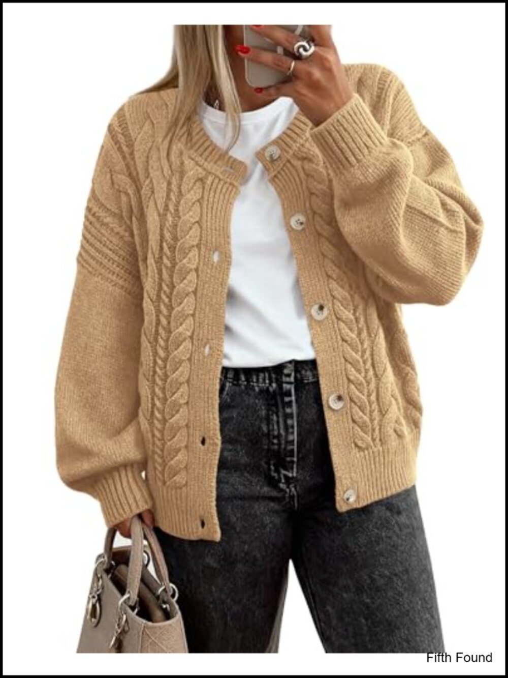 Chunky Cable Knit Button Cardigan Sweater Long Sleeve Crew Neck Loose Fit